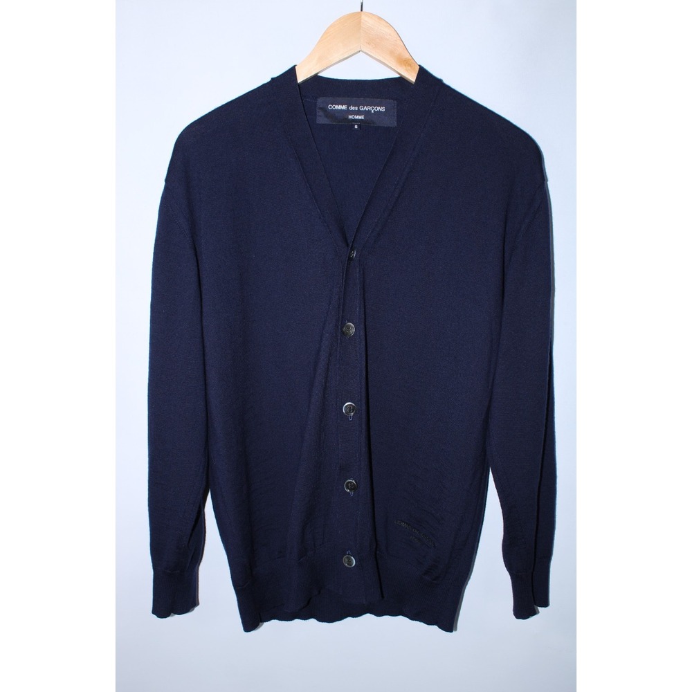 Comme Des Garcons Homme Men's Small Navy Blue Logo Wool Cardigan Made in Japan
